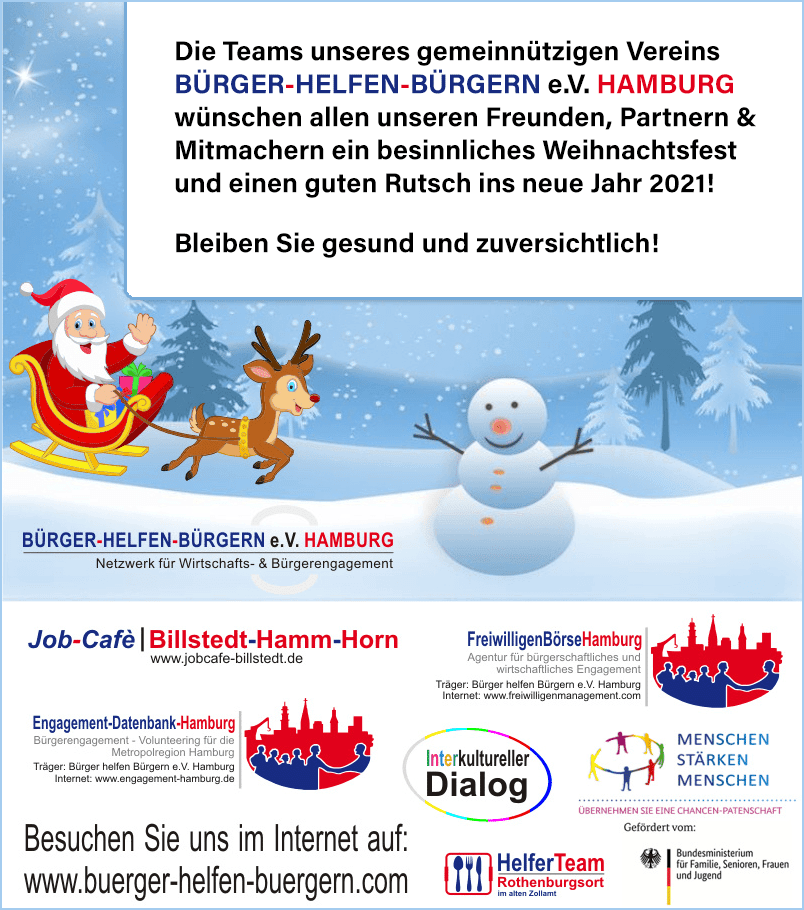 Team FreiwilligenBörseHamburg wünscht besinnliche Weihnachten & einen guten Rutsch in 2021!