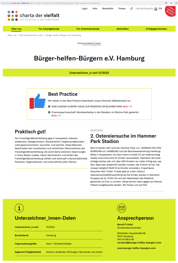 BÜRGER–HELFEN–BÜRGERN e.V. HAMBURG unterstützt Charta der Vielfalt.