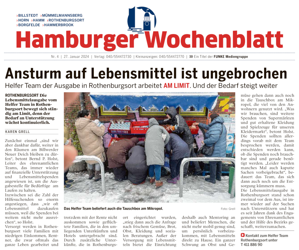 Hamburger Wochenblatt berichtet über HelferTeam Rothenburgsort: Ansturm auf Lebensmittel ist ungebrochen