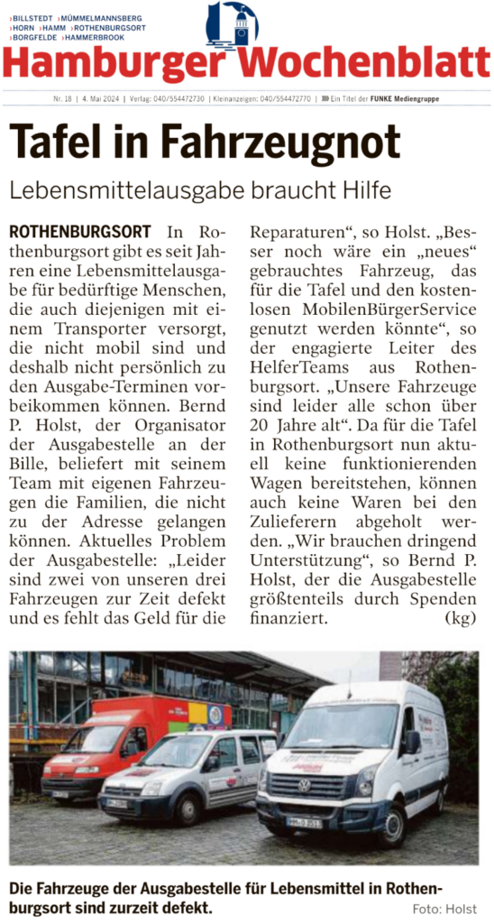 HelferTeam Rothenburgsort braucht dringend neue Fahrzeuge