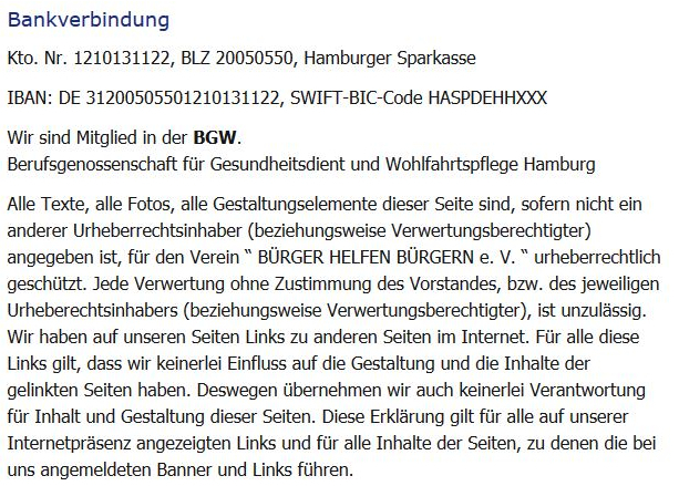 Bürger helfen Bürgern e.V. Hamburg - Impressum Zusatz